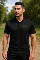 Man wearing a black polo shirt with 'SUNANGIN' branding outdoors.